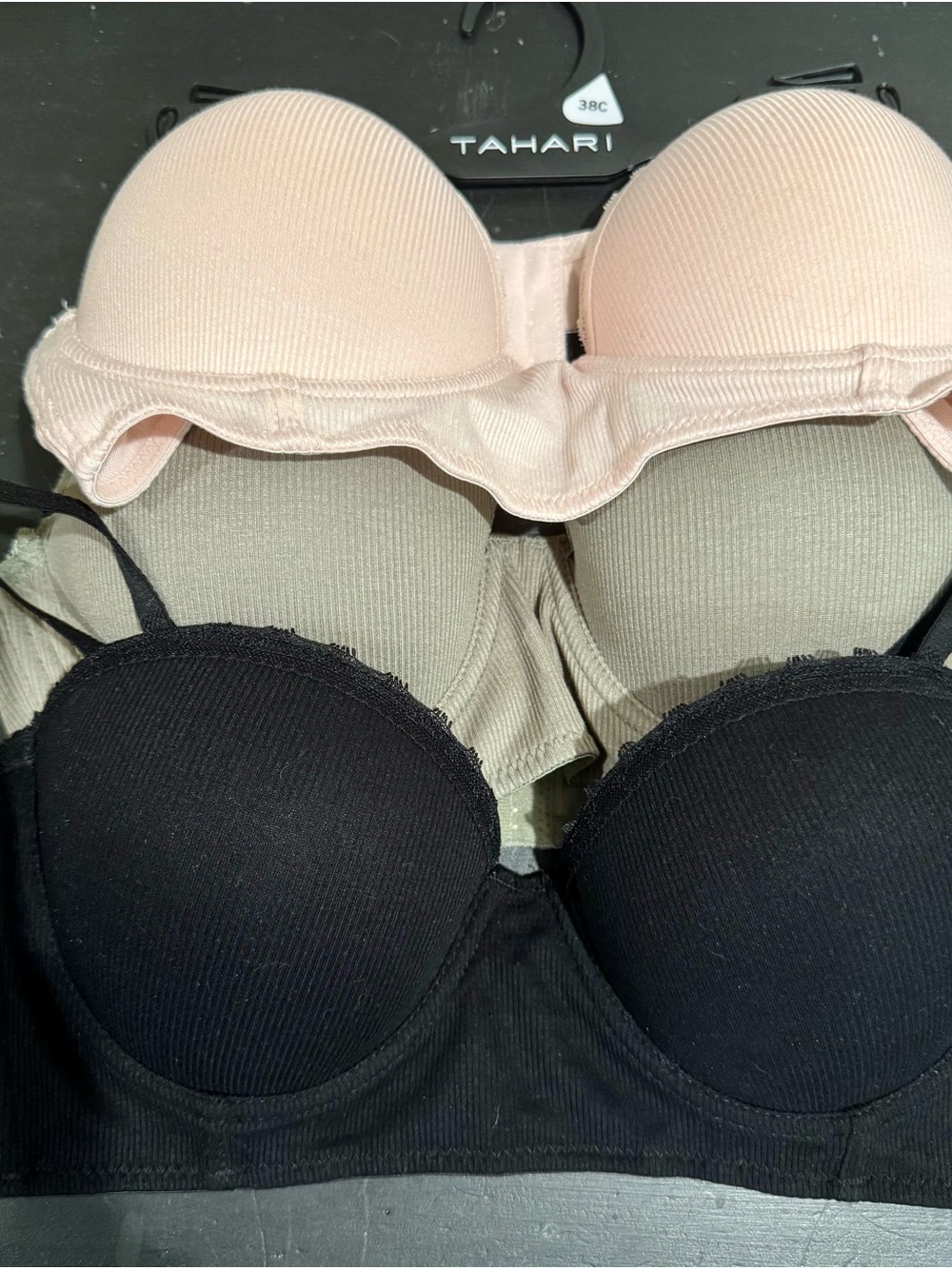 Tahari Convertible Strapless Bras in Pink, Black, and Sage Green